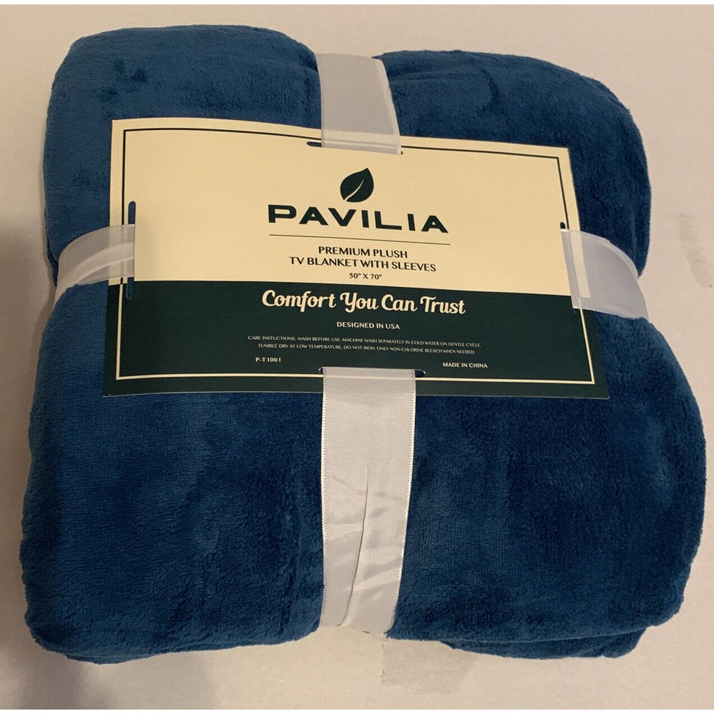PAVILIA Premium Plush TV Blanket w/ Sleeves Blue 50"x70" Warm Cozy New w/ Tags